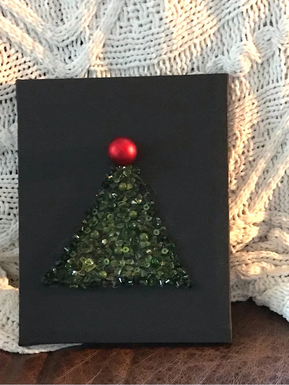 Hand crafted Green Beaded Holiday Tree Canvas with Red Ornament Accent